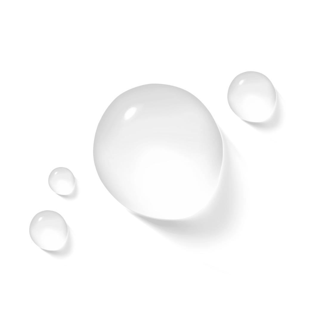 Four clear, round water droplets of varying sizes cast subtle shadows on a white surface.